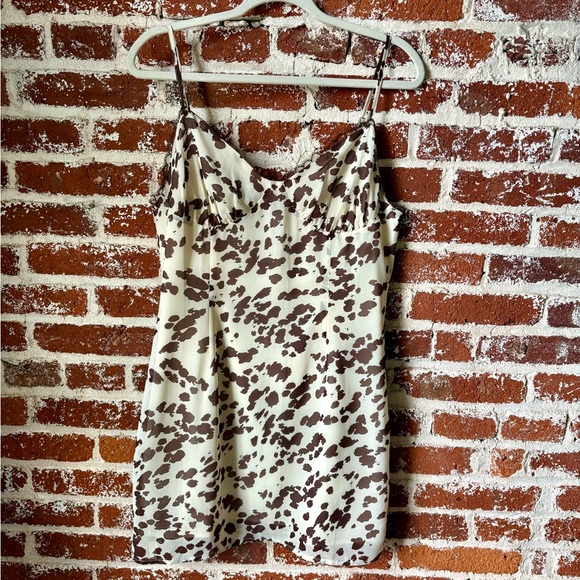 re:named Dresses & Skirts - re:named Cow Print Cream and Brown Mini Dress with lace details